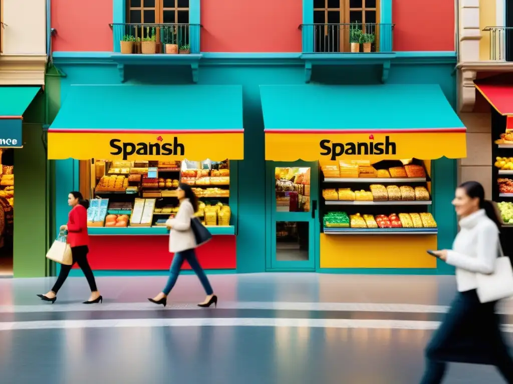 Mercado digital español: Compras vibrantes y pagos online Vibrante mercado español digital con mezcla de comercio tradicional y online, reflejando los retos tributarios comercio electrónico normativa española