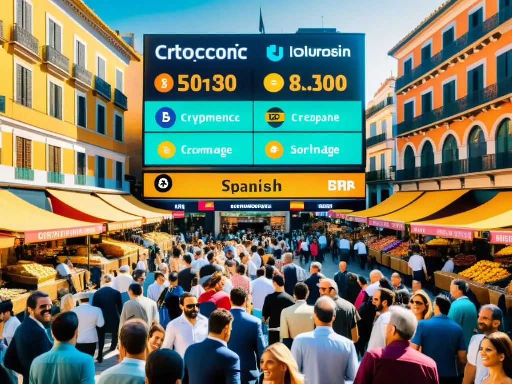 Mercado español: fusión de comercio tradicional y criptomonedas Vibrante mercado español que refleja la fusión de la fiscalidad española y criptomonedas, con multitudes y monitores digitales mostrando tasas de cambio, en un entorno de arquitectura histórica y tecnología financiera moderna