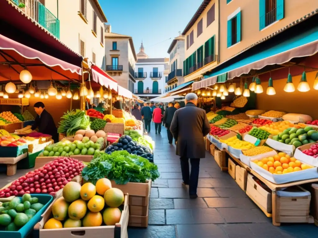 Mercado bullicioso en España: colores, sabores y tradición Vibrante mercado en España con frutas, verduras y productos locales
