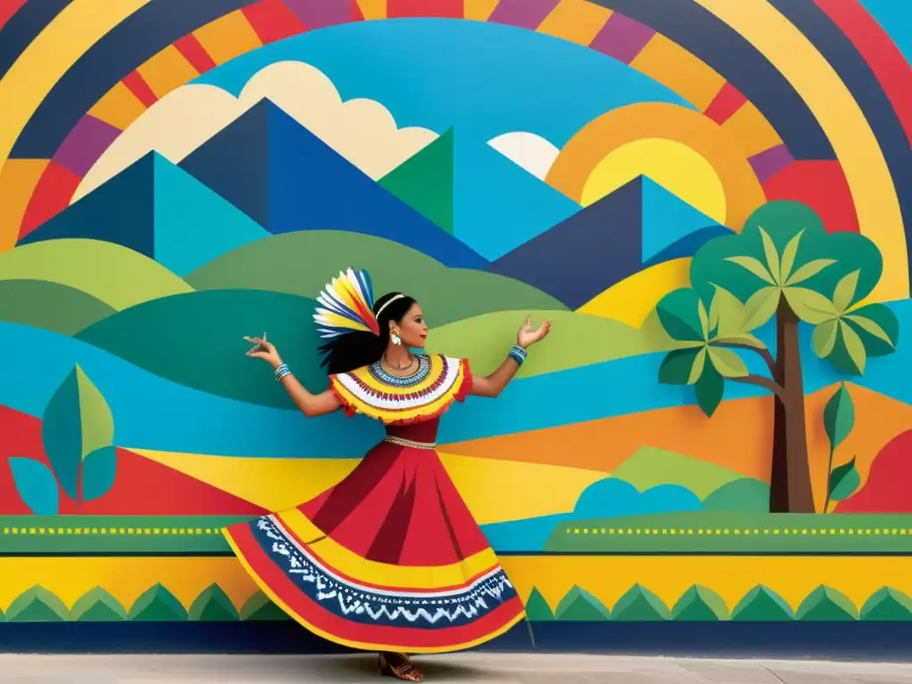 Mural moderno y vibrante de la cultura colombiana Un vibrante mural de arte moderno que muestra la rica cultura colombiana con colores llamativos y detalles intrincados