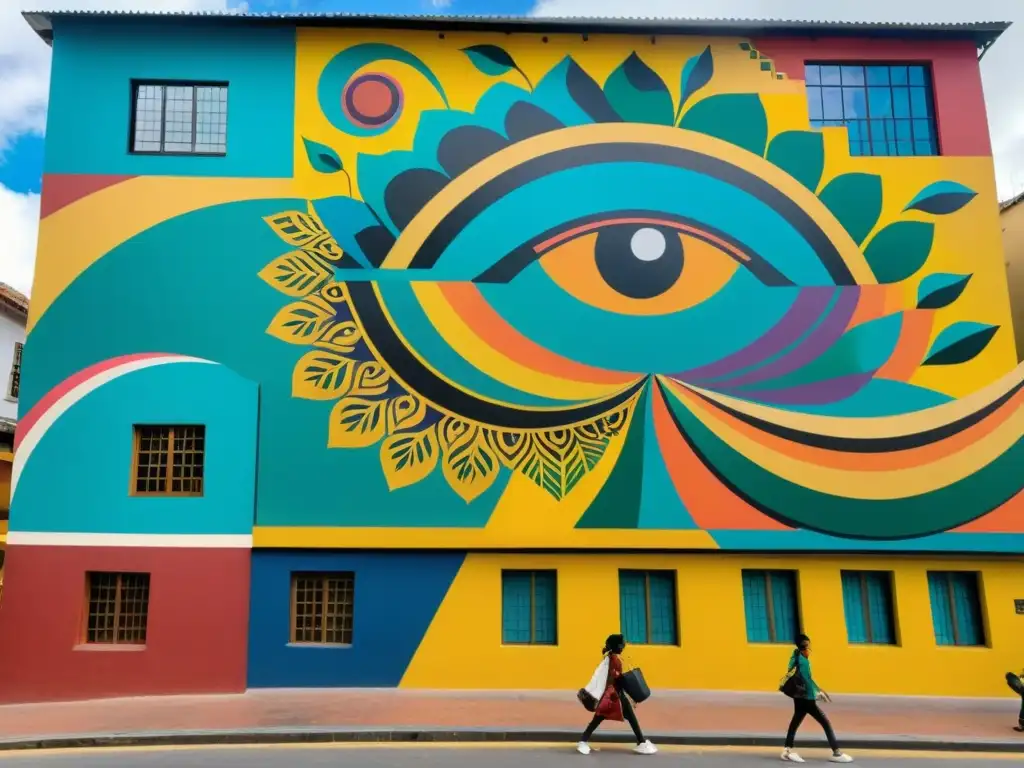 Mural contemporáneo en Bogotá: una explosión de color y cultura Vibrante mural urbano en Bogotá, Colombia, muestra la rica herencia cultural del país con colores y símbolos