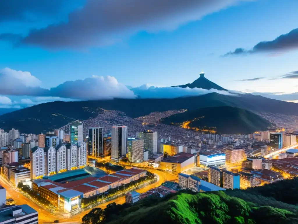 Colombia nocturna: luces y comercio en Bogotá Vibrante paisaje urbano de Bogotá al anochecer, con luces brillantes reflejándose en rascacielos modernos
