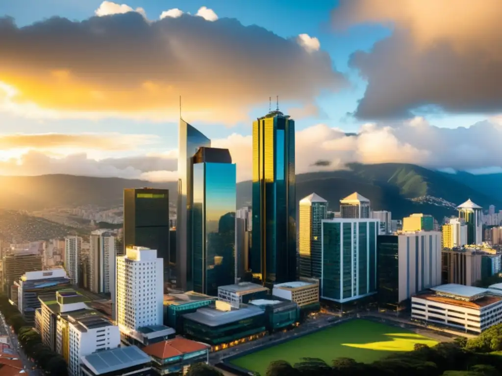 Horizonte financiero de Bogotá: dinamismo y crecimiento en Colombia Vibrante panorama del distrito financiero de Bogotá, con rascacielos modernos reflejando el atardecer dorado