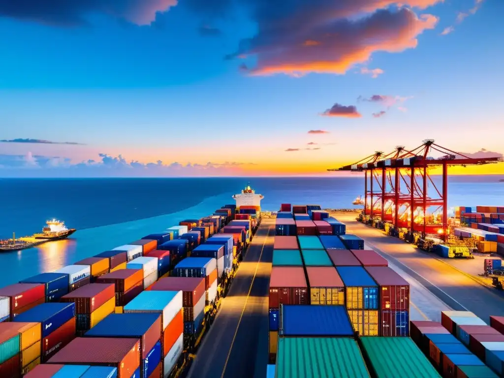 Puerto industrial en México: exportación eficiente al atardecer Un vibrante puerto industrial en México, con barcos cargados de contenedores y un impresionante atardecer