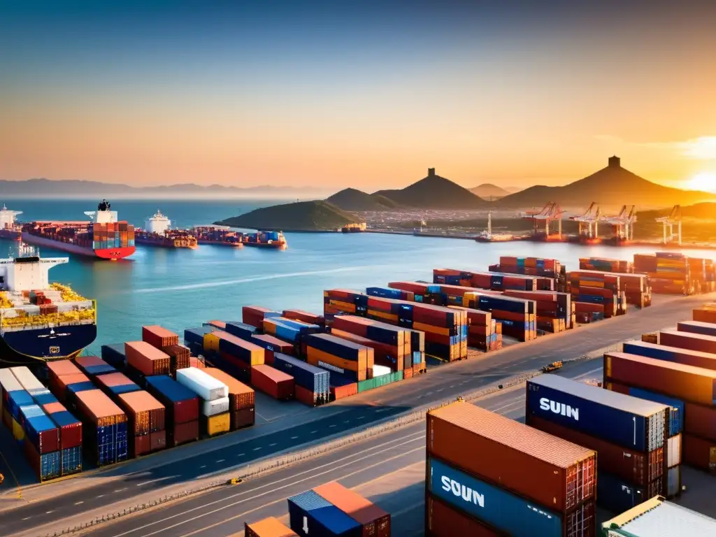 Atardecer de negocios y comercio en puerto mexicano Vibrante puerto mexicano con actividad comercial internacional y planificación fiscal para PYMES en comercio internacional, bajo el cálido atardecer