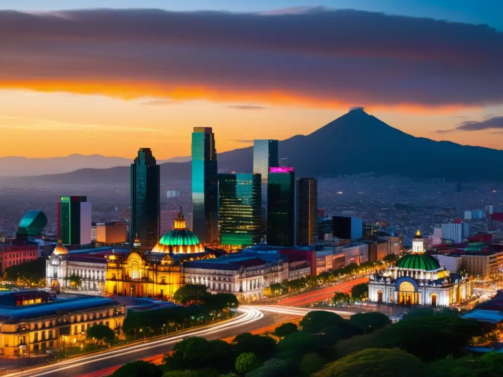 Horizonte vibrante de Ciudad de México al anochecer Vibrante skyline de la Ciudad de México al atardecer, con rascacielos iluminados reflejados en el río