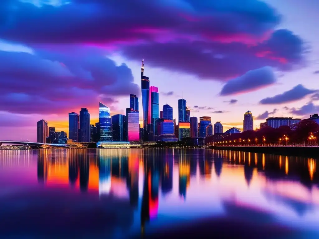Skyline urbano moderno al atardecer: luces vibrantes y reflejos en el río Vibrante skyline moderno al atardecer reflejado en el río, con luces multicolores
