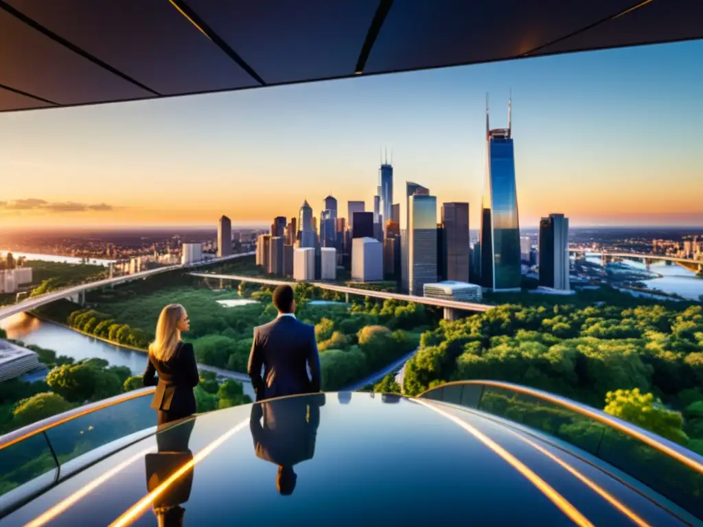 Impacto de la reforma fiscal en la ciudad al atardecer Vibrante skyline urbano al atardecer, reflejando la luz dorada en rascacielos de cristal, rodeado de exuberante vegetación