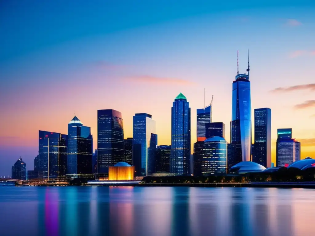 Skyline urbano al anochecer: símbolo de energía y progreso en alianzas público-privadas Vibrante skyline urbano al anochecer, reflejando la dinámica de las alianzas público-privadas en energía