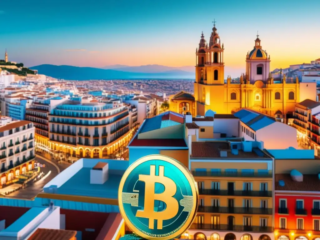 Horizonte digital: criptomonedas en la economía española Una visión futurista de la ciudad española con símbolos de criptomonedas integrados, fusionando lo tradicional con lo digital