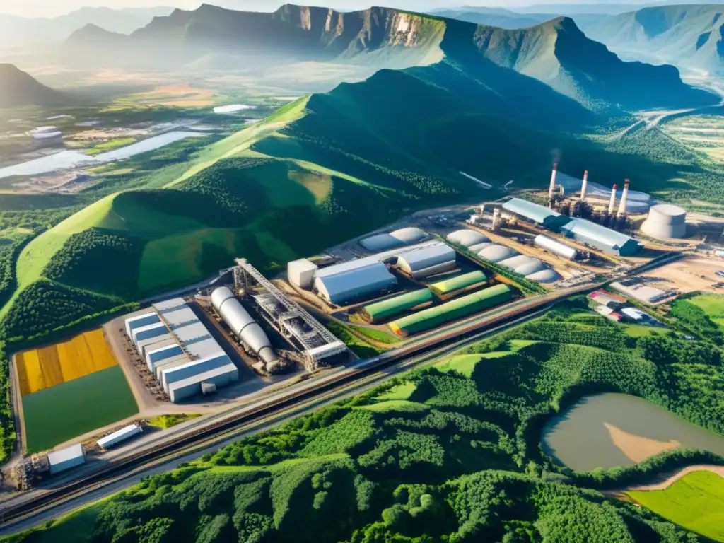 Vista aérea impactante de la actividad industrial en el sector extractivo Vista aérea de área industrial en sector extractivo, con instalaciones mineras y fabriles rodeadas de montañas y vegetación exuberante