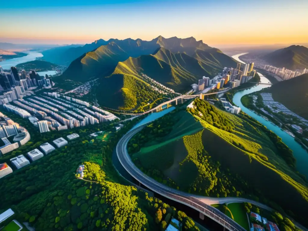 Cityscape atardecer: modernidad y naturaleza Vista aérea asombrosa de una ciudad diversa con rascacielos modernos y edificios históricos entre exuberante vegetación