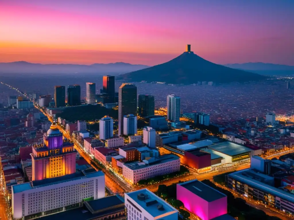 Horizonte de Ciudad de México al atardecer Vista aérea del atardecer en la Ciudad de México con rascacielos iluminados y la Torre Latinoamericana