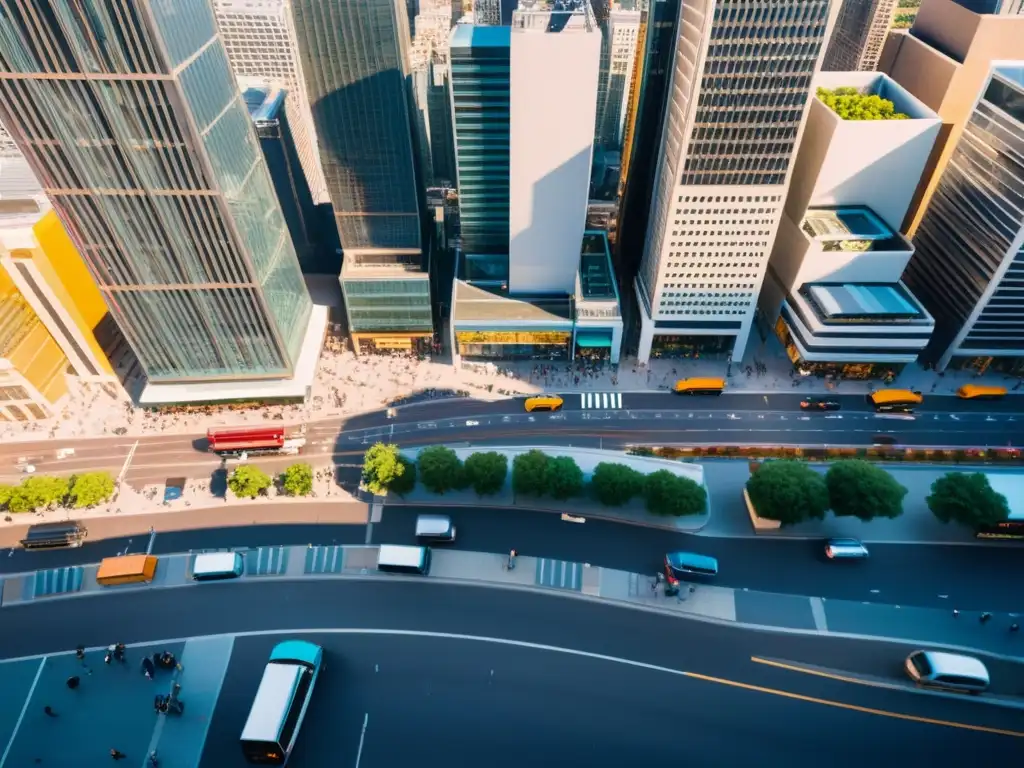 Vibrante actividad económica en la ciudad: impacto del IVA Vista aérea de una bulliciosa ciudad con rascacielos modernos y calles ocupadas, destacando la actividad económica vibrante de empresas y consumidores