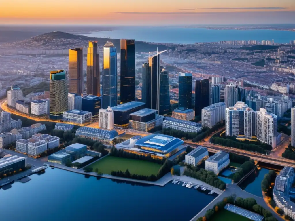 Espectacular ciudad moderna al atardecer Vista aérea de la bulliciosa ciudad al atardecer, destacando el sector inmobiliario