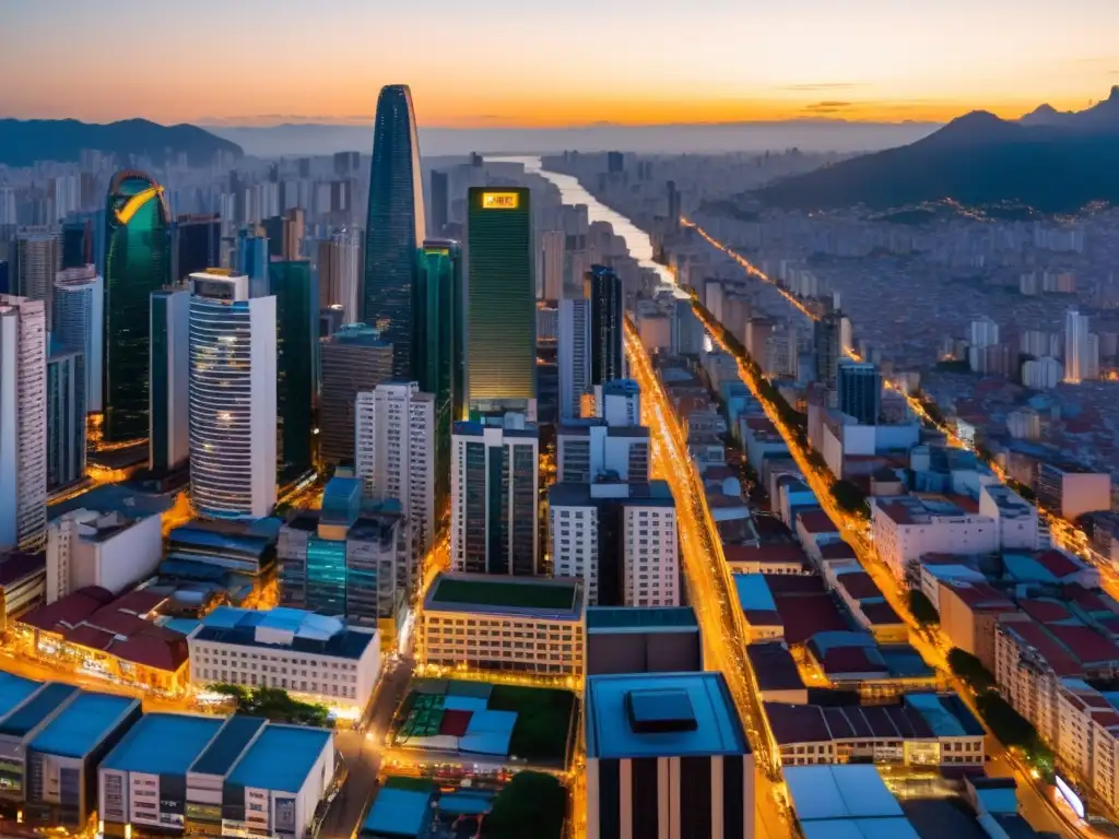 Skyline dorado: impacto de reformas fiscales en América Latina Vista aérea de una bulliciosa ciudad latinoamericana con modernos rascacielos que reflejan la luz dorada del atardecer