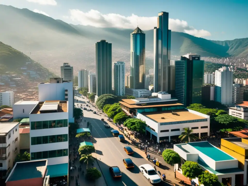 Contrastes urbanos en Colombia: lujo y pobreza en el distrito financiero Vista aérea de la bulliciosa ciudad colombiana con rascacielos de cristal que reflejan la luz del sol y contrastan con las sombras en las calles