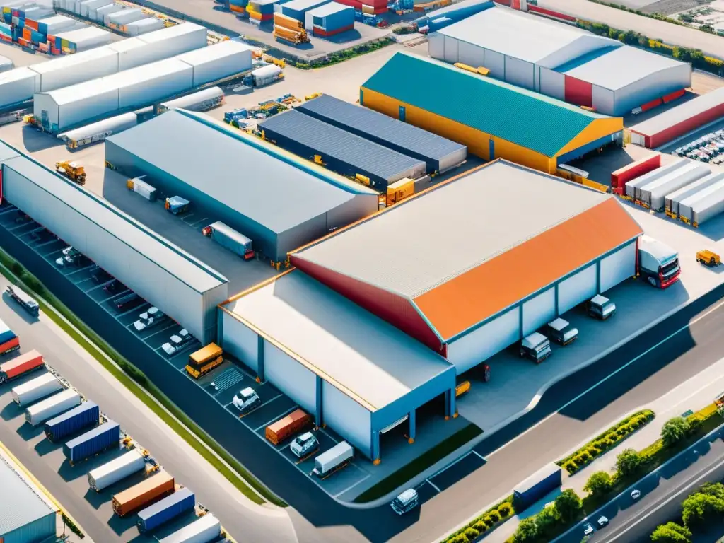 Zona de libre comercio en México: Flujo dinámico de mercancías Vista aérea de una bulliciosa zona franca en México, con almacenes, centros de distribución y vehículos en movimiento