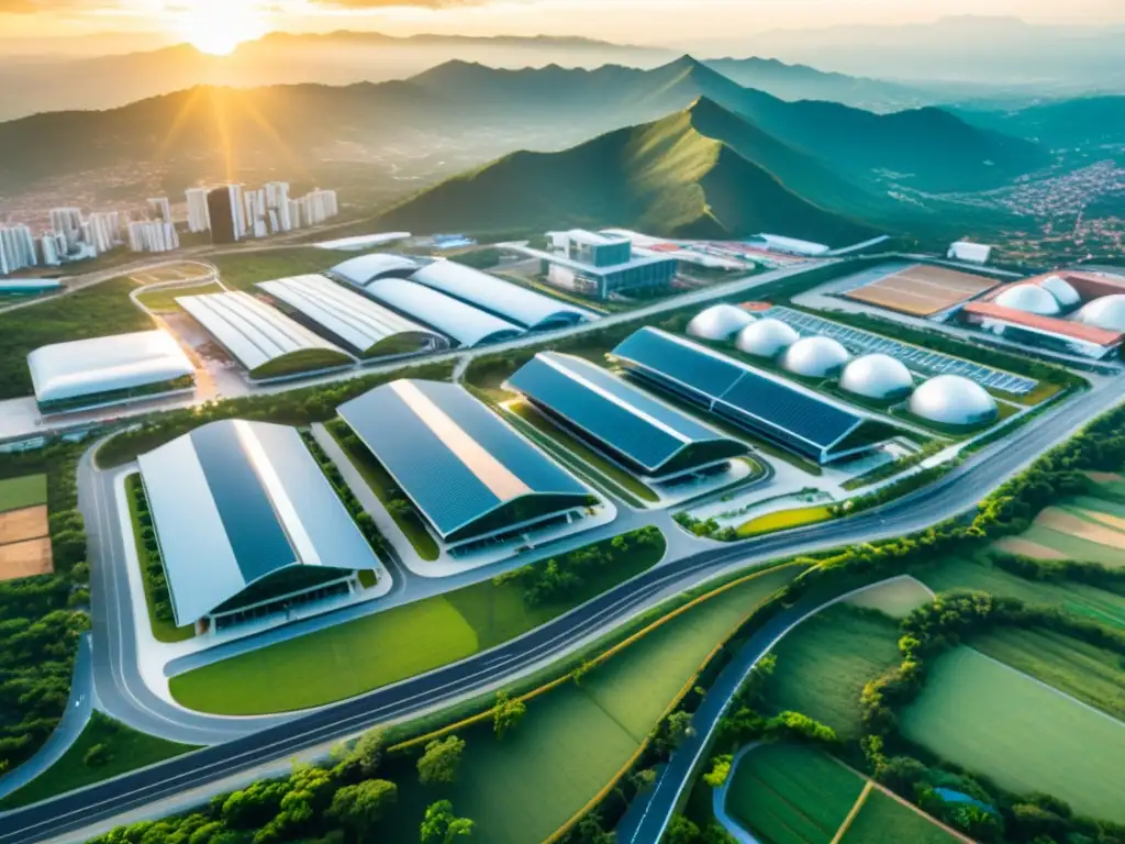 Zona franca colombiana: innovación y crecimiento económico Vista aérea de una bulliciosa zona franca colombiana, con edificios futuristas rodeados de exuberante vegetación y una red de carreteras