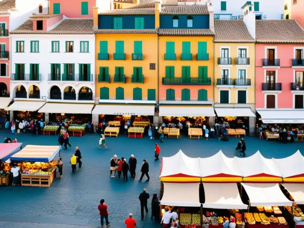 Mercado bullicioso en España: colores, cultura y diversidad Vista aérea de un bullicioso mercado en España con puestos de colores y una mezcla de locales y turistas