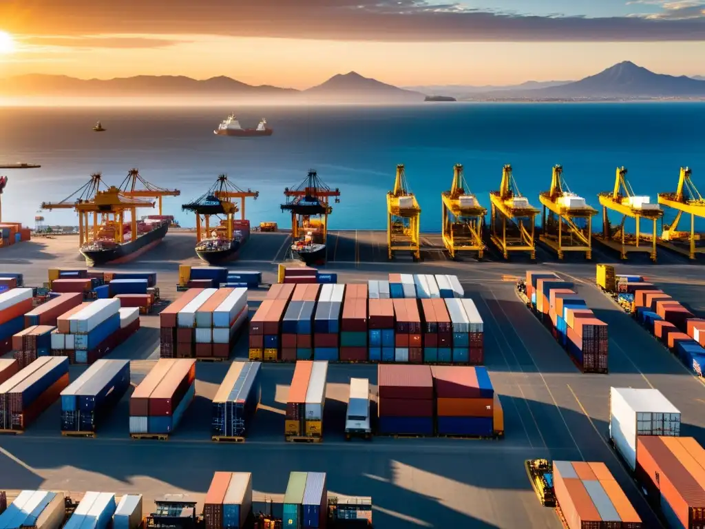 Puerto de comercio internacional en México al atardecer Vista aérea de un bullicioso puerto internacional en México al atardecer, reflejando la actividad comercial