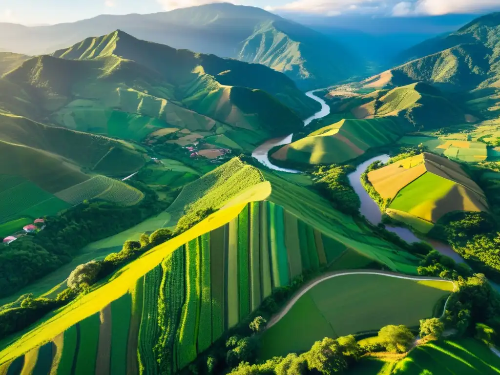 Atardecer dorado en la campiña colombiana Vista aérea de la campiña colombiana, con montañas verdes y valles, granjas y campos agrícolas