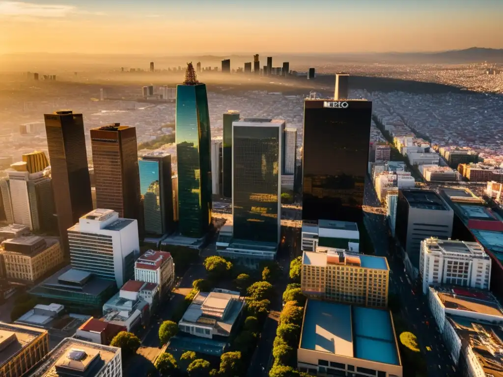 Atardecer dorado en Ciudad de México: vibrante panorama corporativo Vista aérea de la Ciudad de México al atardecer, reflejando la energía empresarial y la optimización de carga tributaria en México