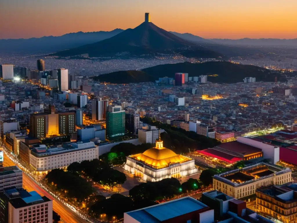 Horizonte dorado: atardecer en la Ciudad de México Vista aérea de la Ciudad de México al atardecer, con la Torre Latinoamericana y la Torre Mayor destacando entre edificios históricos y modernos