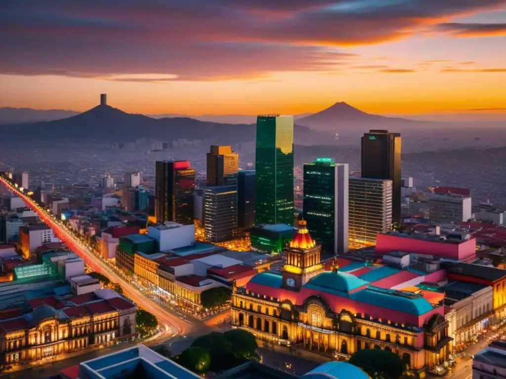 Espectacular skyline de la Ciudad de México al atardecer Vista aérea de la ciudad de México al atardecer, con modernos rascacielos y monumentos históricos iluminados contra un cielo colorido