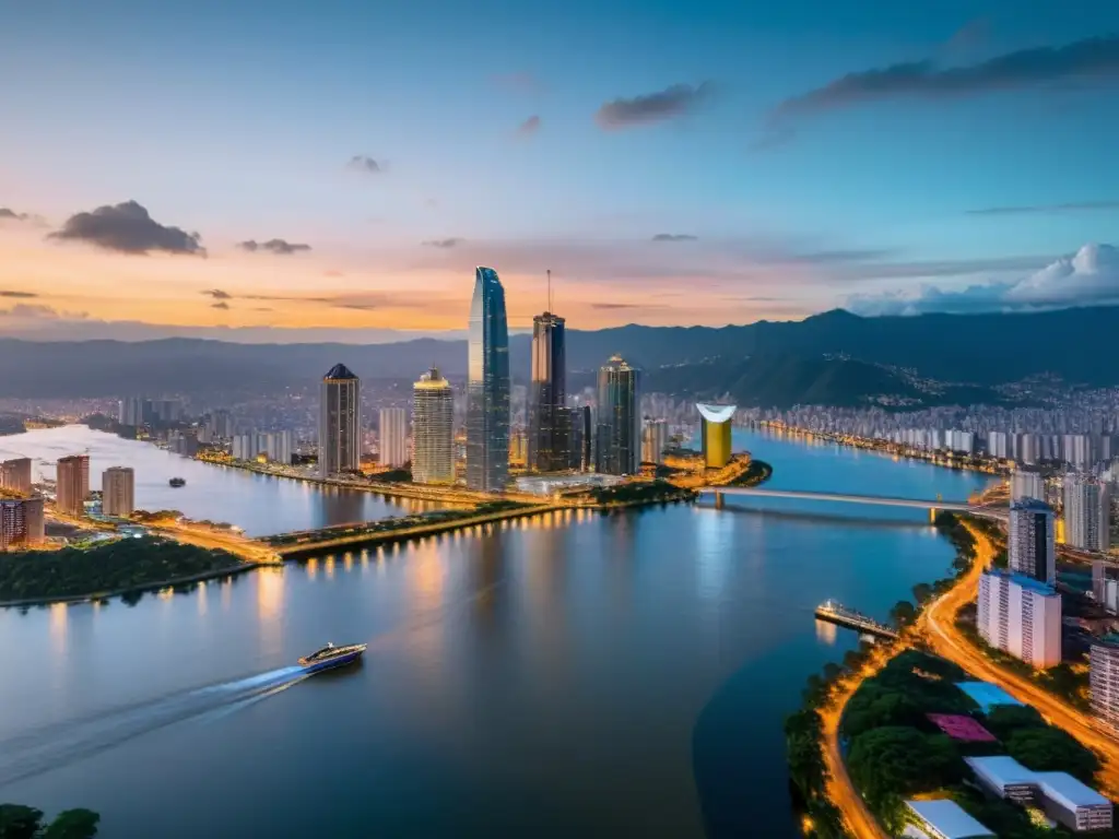 Horizonte colombiano nocturno: impacto del 2023 en negocios Vista aérea de la ciudad colombiana al anochecer, con rascacielos modernos iluminados y reflejados en el río