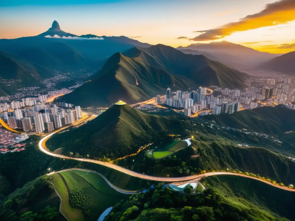 Esplendor urbano al atardecer: la pujanza de Colombia Vista aérea de la ciudad colombiana al atardecer, con rascacielos modernos reflejando la cálida luz dorada y una red de carreteras iluminadas