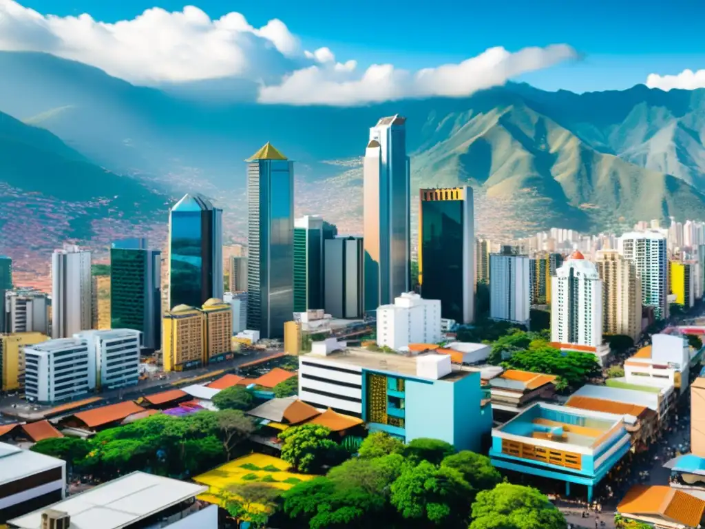 Colombia: Evolución del negocio digital y desafíos fiscales Vista aérea de ciudad colombiana con rascacielos modernos y mercados callejeros vibrantes, reflejando el dinámico panorama empresarial