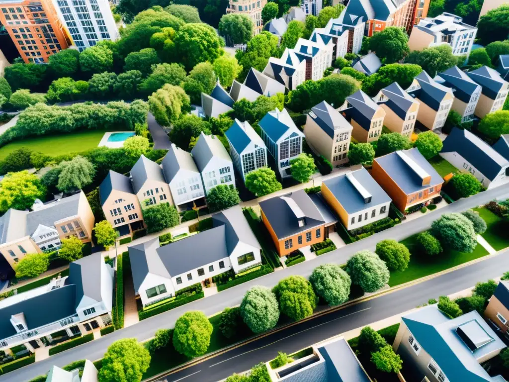 Real Estate: Diversidad y Oportunidades Urbanas Vista aérea de una ciudad dinámica, destacando la diversidad de propiedades inmobiliarias