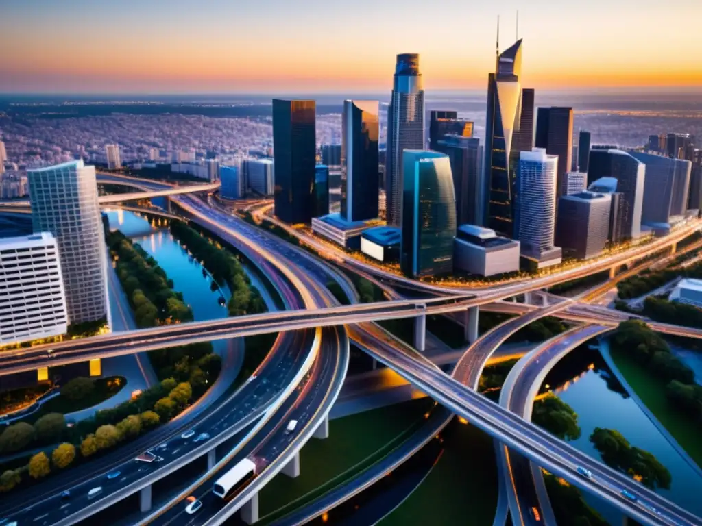 Metrópolis dorada: combatiendo el fraude fiscal Vista aérea de una ciudad moderna con rascacielos de cristal reflejando la luz dorada del atardecer