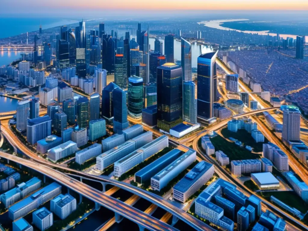 Vibrante paisaje urbano: impulso económico y sistema fiscal local Vista aérea de una ciudad moderna con rascacielos y carreteras, reflejando la vitalidad urbana y la infraestructura local