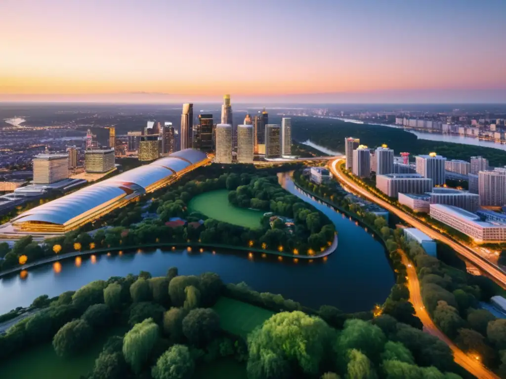 Horizonte urbano moderno iluminado al atardecer Vista aérea de una ciudad moderna al atardecer, con edificios iluminados y arquitectura contemporánea