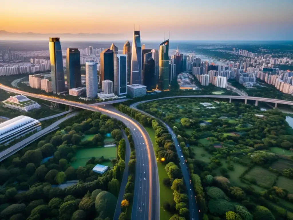 Horizonte urbano al atardecer: luces y verde Vista aérea de una ciudad moderna al atardecer, con rascacielos iluminados por el cálido resplandor del sol poniente