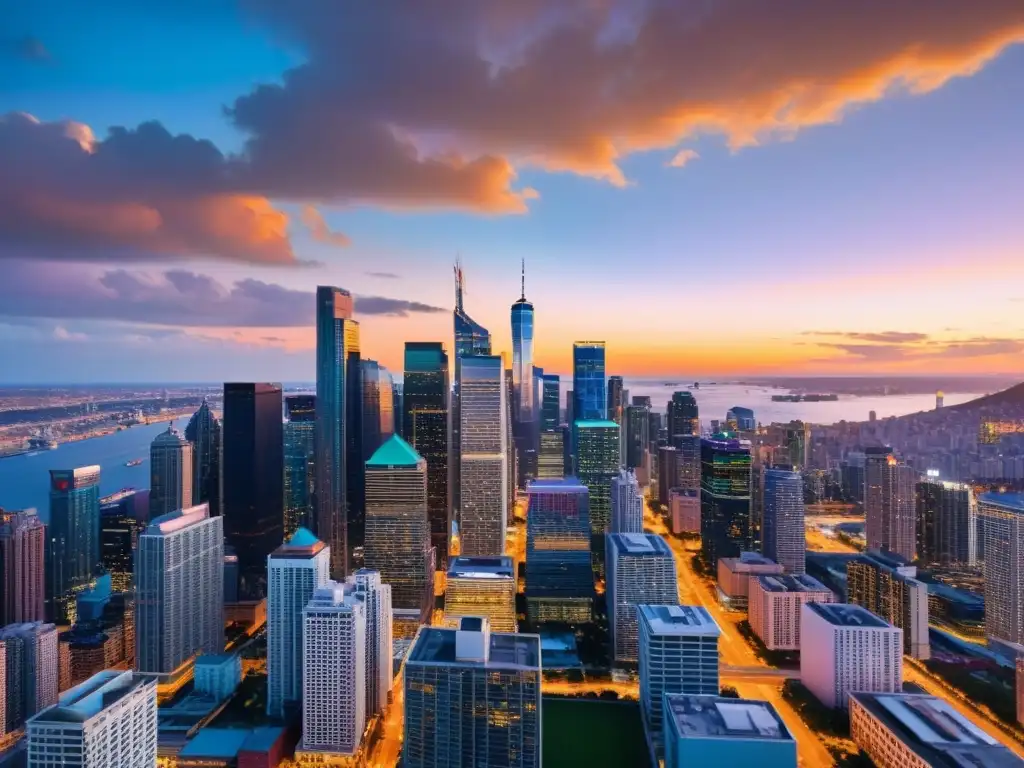 Horizonte urbano en crecimiento al atardecer Vista aérea de la ciudad al anochecer, con rascacielos iluminados bajo un cielo de atardecer