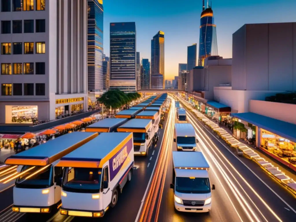 Metrópolis digital en movimiento: desafíos del ecommerce Vista aérea de la ciudad con rascacielos, tráfico y comercio electrónico, iluminada por luces de neón