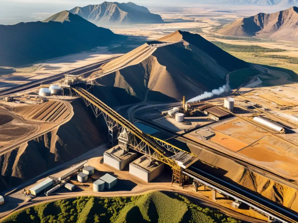 Operación minera: Maquinaria industrial en paisaje montañoso Vista aérea de compleja infraestructura minera en terreno montañoso, destacando la intersección entre actividad humana y recursos naturales