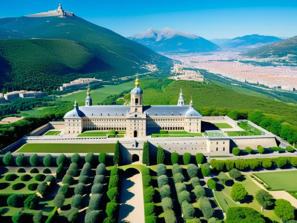 El Escorial: Majestuosidad histórica y natural Vista aérea del complejo de El Escorial en España, con detalles arquitectónicos, exuberante vegetación y paisaje montañoso, ilustrando la importancia histórica y las consecuencias fiscales del caso El Escorial