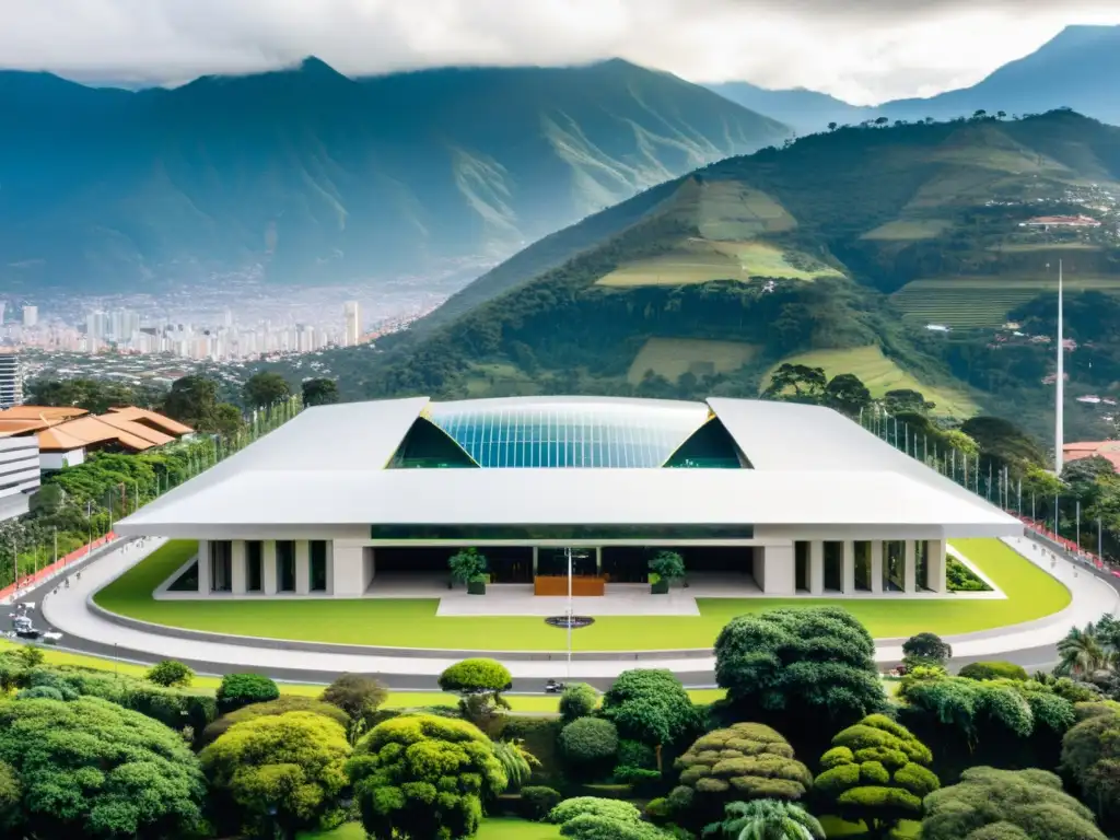 Congreso Colombiano: Elegancia urbana y naturaleza Vista aérea del Congreso Colombiano en Bogotá, rodeado de exuberante vegetación y con los Andes de fondo