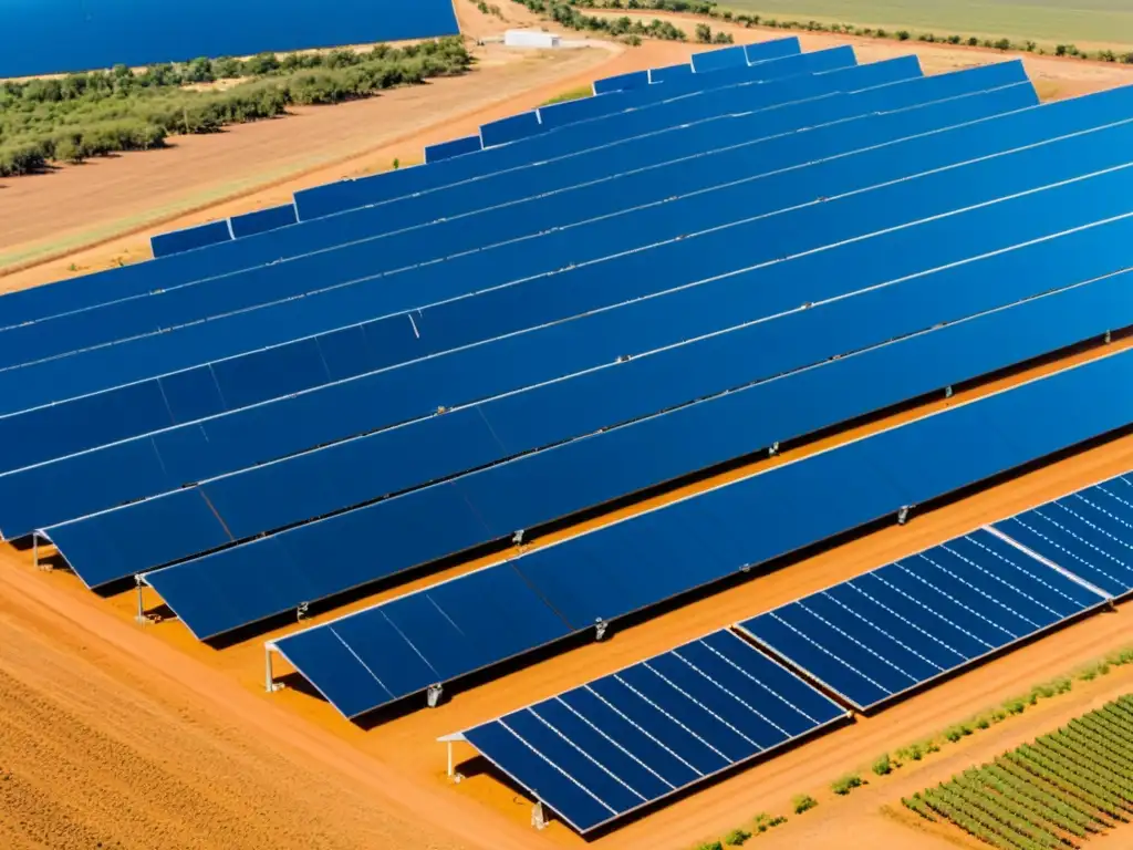 Energía solar en México: belleza y tecnología Vista aérea deslumbrante de un extenso campo solar en México, con paneles brillantes en filas geométricas bajo un cielo azul