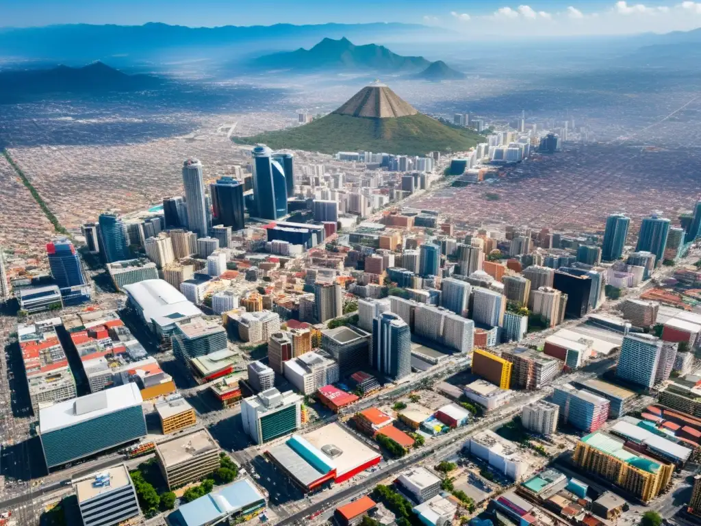 Vista aérea detallada de la ciudad de México: impacto del IVA Vista aérea detallada de una ciudad mexicana vibrante con rascacielos modernos, autopistas concurridas y mercados callejeros