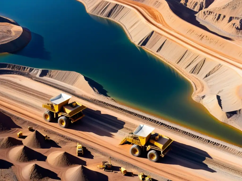 Complejo minero: maquinaria eficiente y vasta infraestructura Vista aérea detallada de un próspero joint venture minero, con maquinaria pesada, cintas transportadoras y trabajadores en movimiento