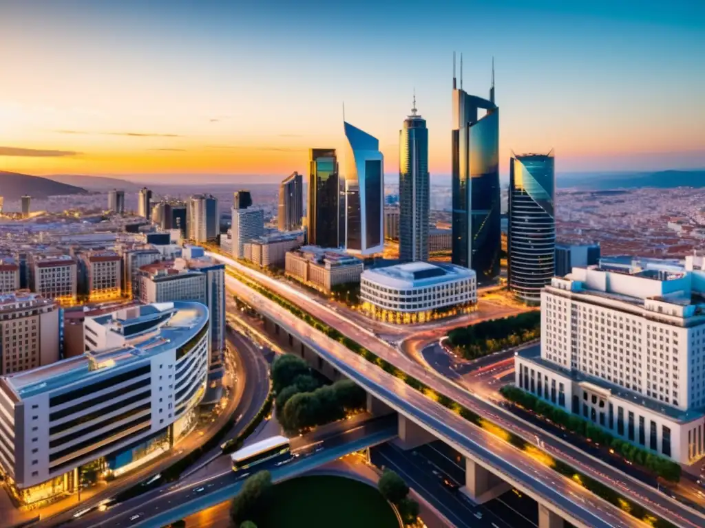 Horizonte dorado: Distrito empresarial moderno al atardecer en España Vista aérea de distrito empresarial internacional en España al atardecer, con rascacielos modernos y profesionales discutiendo