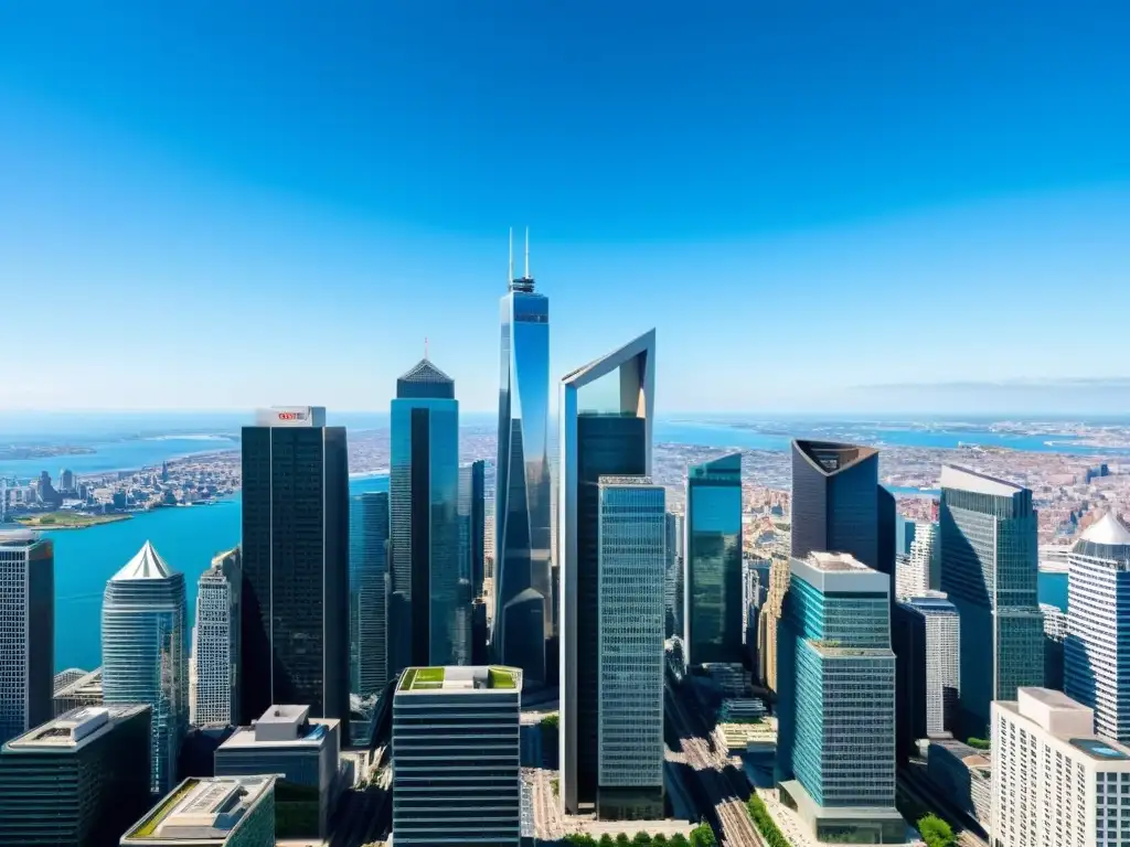 Distrito financiero moderno: skyline global de rascacielos Vista aérea de un distrito financiero moderno con rascacielos elegantes, reflejando la gestión patrimonios globales desde España