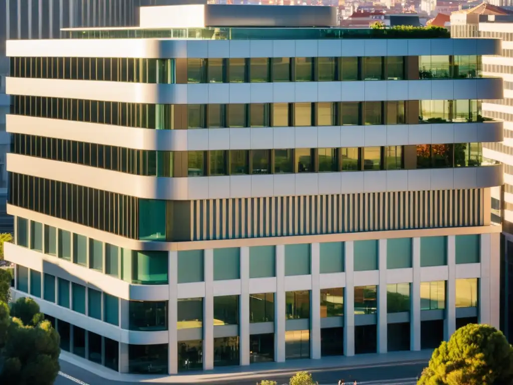 Edificio de la Agencia Tributaria: Modernidad y Profesionalismo en Madrid Vista aérea del edificio de la Agencia Tributaria en Madrid, con moderna arquitectura y bullicioso distrito financiero al atardecer