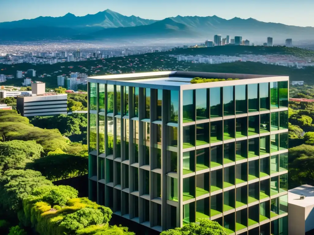 Edificio corporativo moderno en CDMX: naturaleza y negocio Vista aérea de edificio corporativo en CDMX con diseño moderno, reflejando el skyline