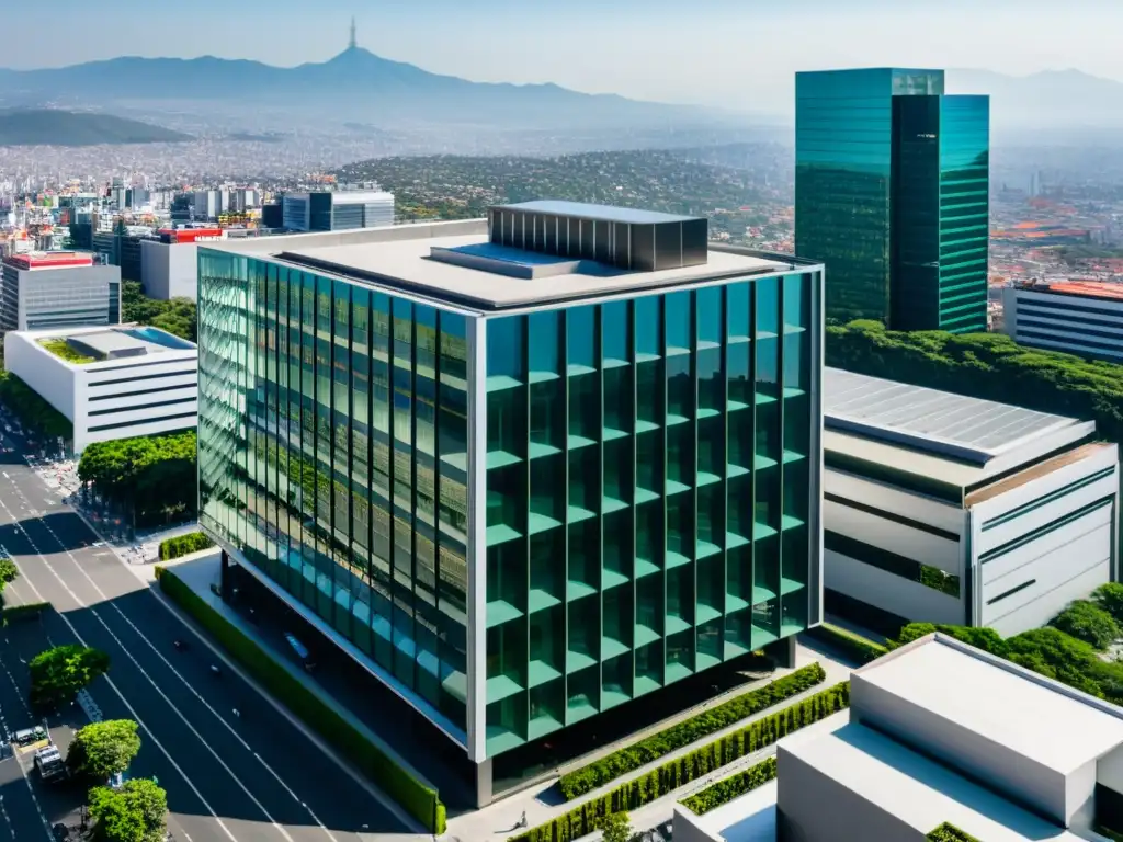 Edificio moderno del SAT en CDMX Vista aérea del edificio del SAT en CDMX, reflejando la energía y modernidad del paisaje fiscal